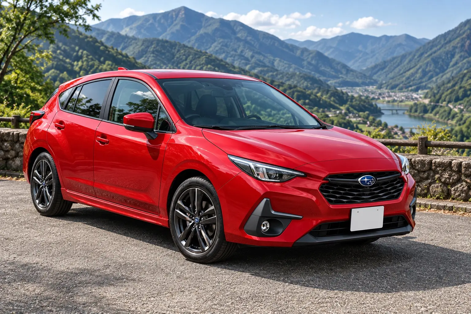 SUBARU インプレッサ Smart Edition（2026年改良後）の斜め前からの外観。ボディカラーは新色のイグニッションレッド。17インチアルミ。山あいの道の駐車スペースに停まっている