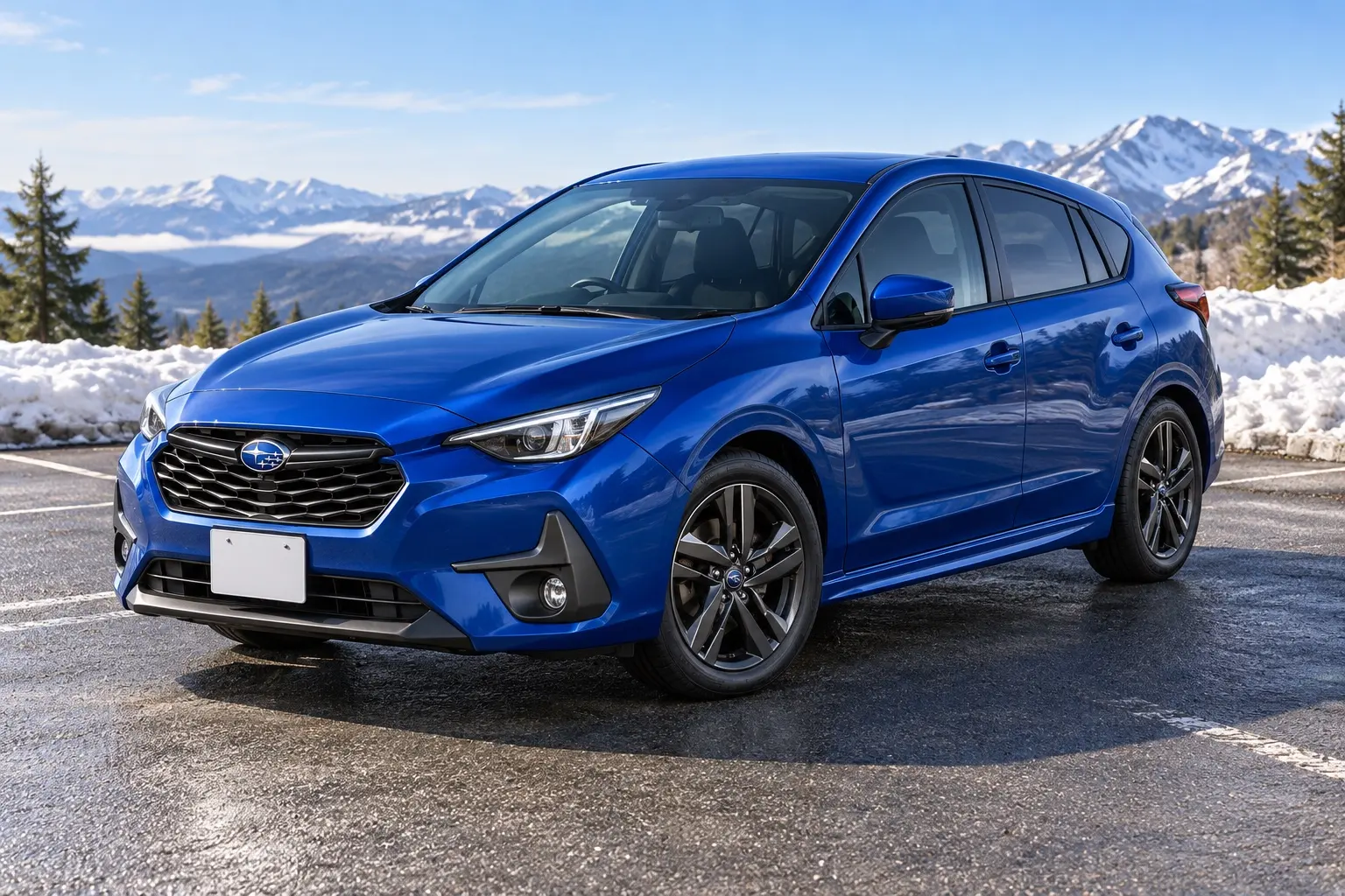 SUBARU インプレッサ Smart Edition（2026年改良後）の斜め前からの外観。ボディカラーはサファイアブルー・パール。雪の残る高原の駐車場、晴れた朝の光