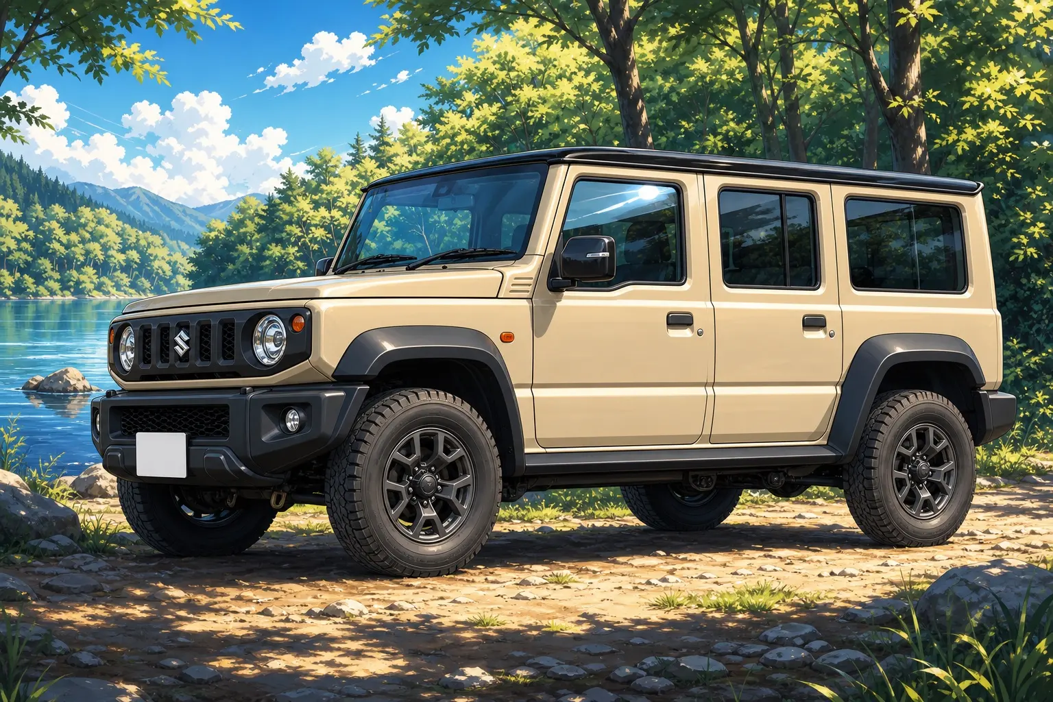 湖畔の砂利道に停まるスズキ ジムニー ノマドのフロント。5ドアで車体が長く、丸型ヘッドライトと縦格子グリルを備えたベージュの四輪駆動車