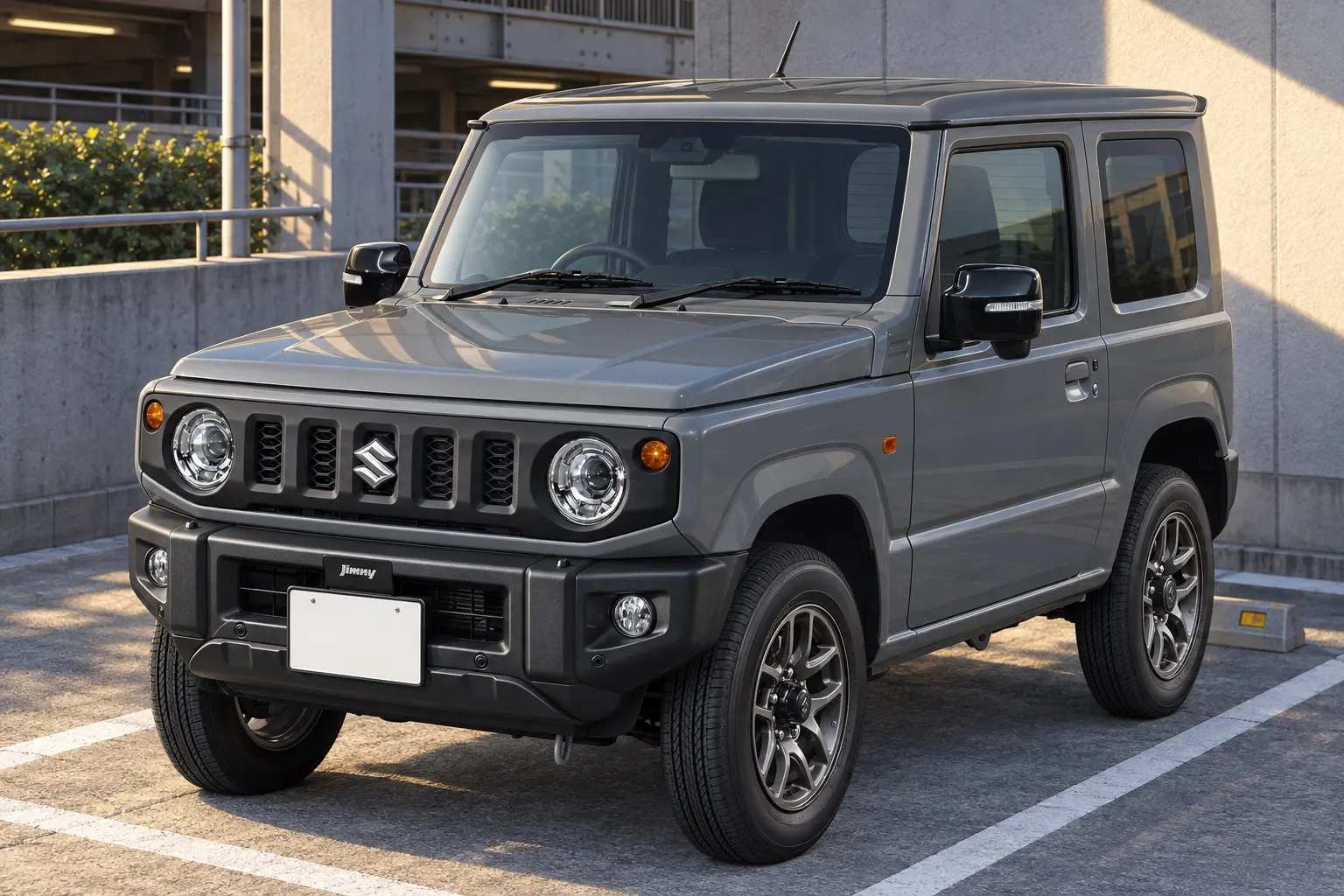 スズキ ジムニー(軽・JB64W)ミディアムグレーの斜め前からの外観。丸目ヘッドランプと5スロットグリル、16インチアルミホイールが分かるカット