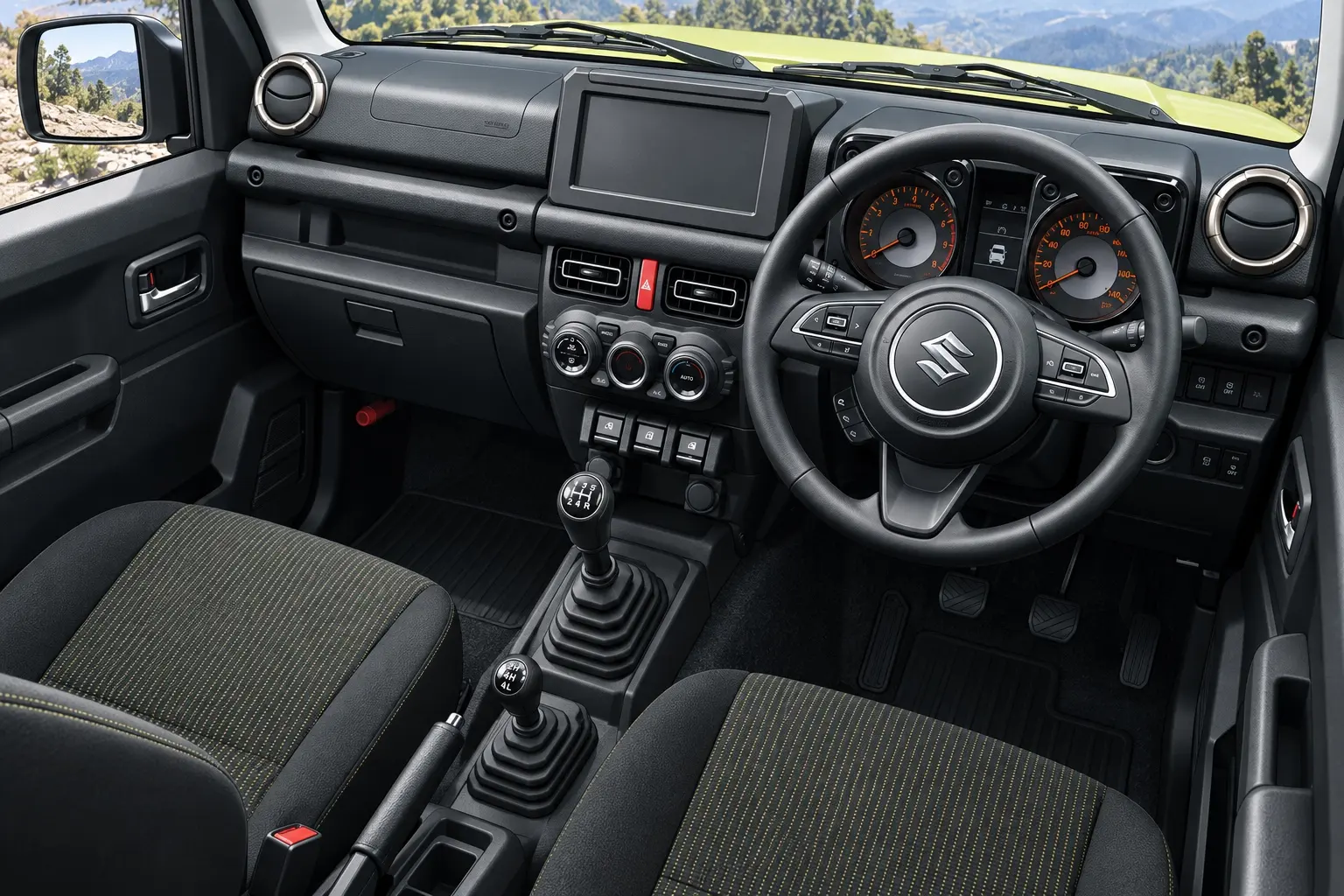 スズキ ジムニーの運転席まわり。ステアリング、メーター、センターのシフトレバーと、その左に立つ機械式トランスファーレバーが分かるカット