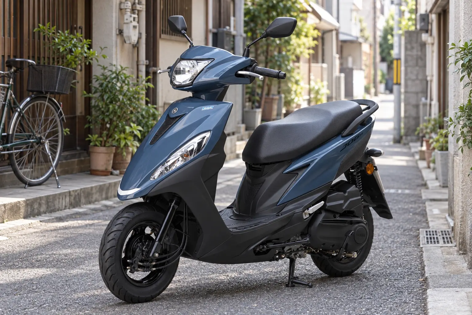 ヤマハ ジョグ125を斜め前から見たカット。くすんだ青の小さな車体、丸みのある前の顔、低いシート、平らな足元、前後10インチのホイール