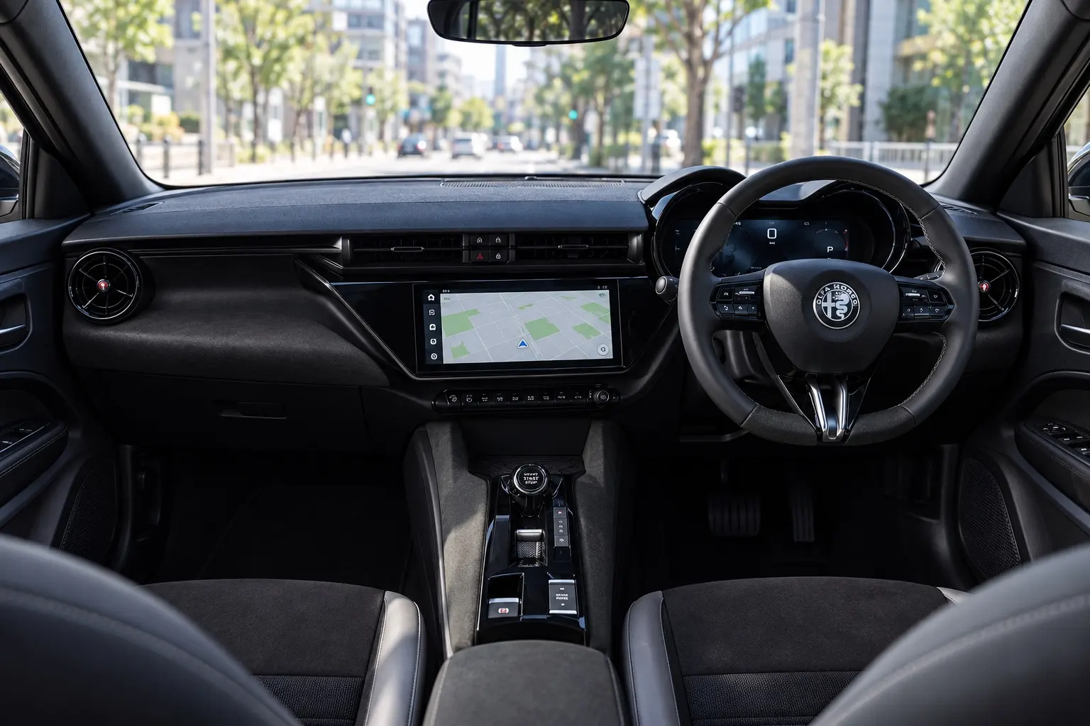 アルファロメオ ジュニアの運転席まわりの実車イラスト。筒形のフードに収まった10.25インチのデジタルメーター、中央の10.25インチタッチスクリーン、小径のステアリング