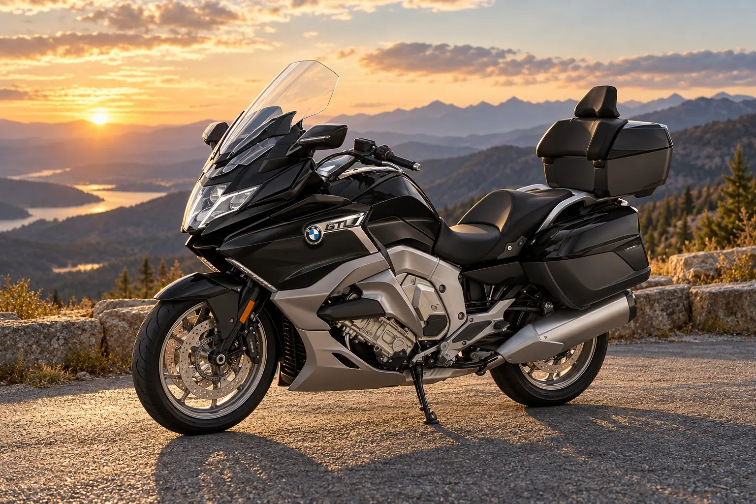 BMW K 1600 GTLを斜め前から見たカット。黒い大きなフルカウル、横に長いヘッドライト、背の高いスクリーン、後ろのトップケース、低く長い車体