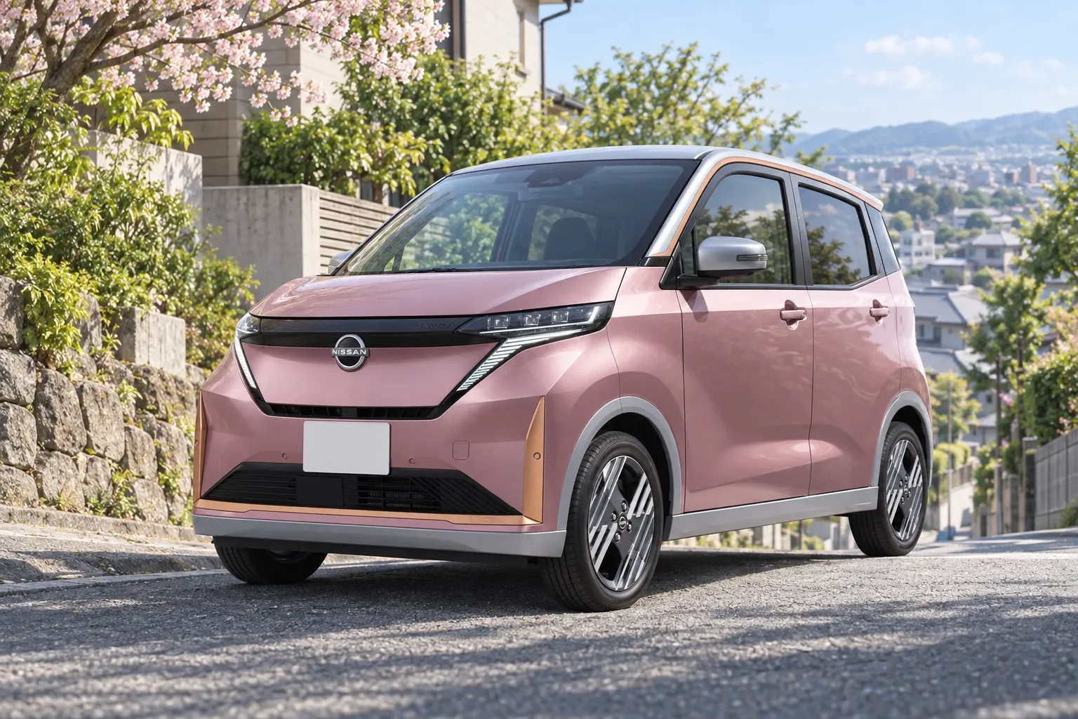 日産 サクラ(2026年マイナーチェンジ後のG)の斜め前からの外観。ボディ同色のグリル、細い横長のヘッドランプ、15インチアルミホイールが分かるカット。ボディカラーは新色の水面乃桜(淡いピンク系)とスターリングシルバーの2トーン。日本の住宅街の坂道、春の午前の自然光