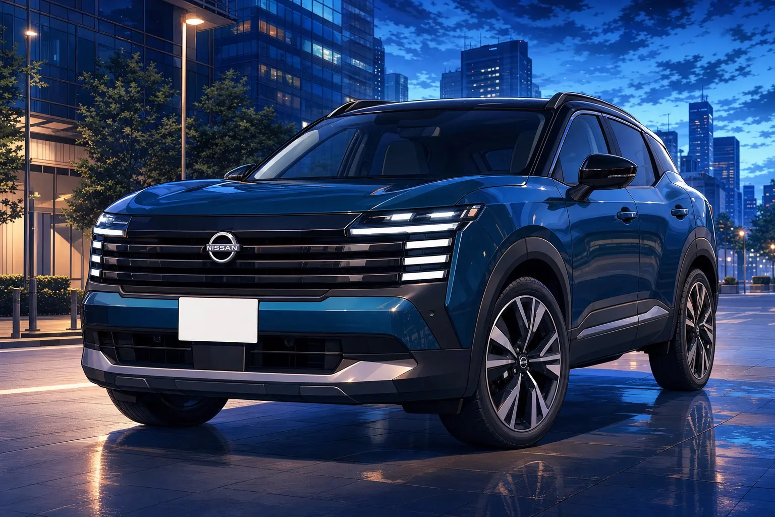 夜の街に停まる新型日産キックスのフロント。細長いLEDのシグネチャーライトと大型グリルを備えたブルーのコンパクトSUV