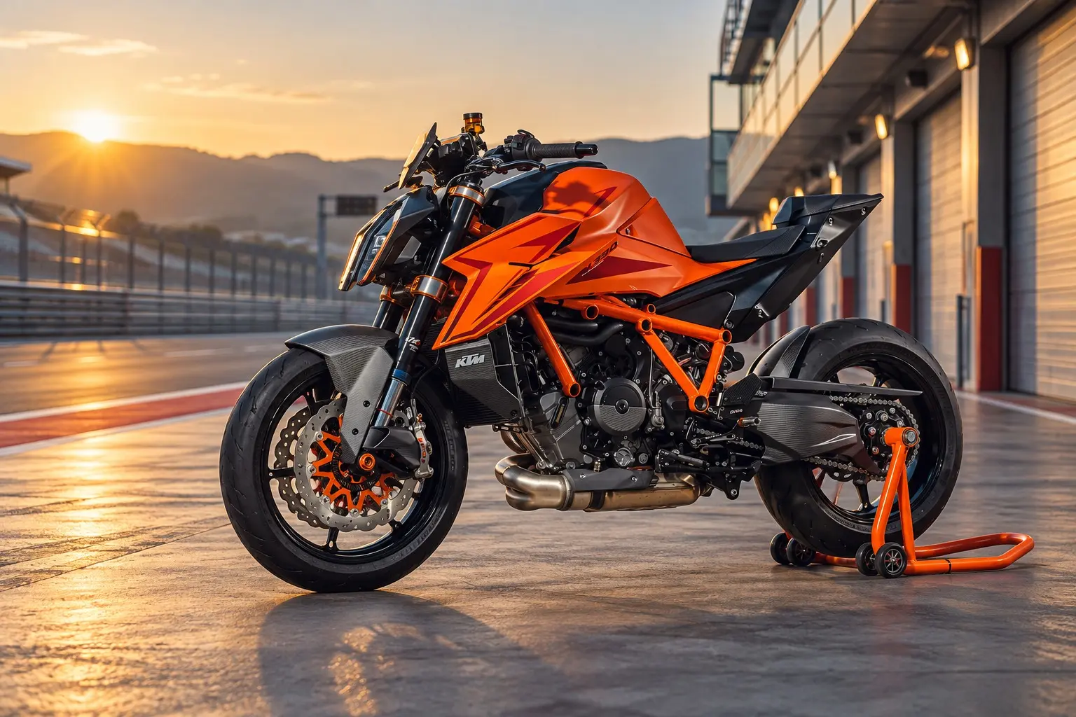 KTM 1390 SUPER DUKE R EVOを斜め前から見たカット。オレンジの車体とフレーム、縦に並んだ鋭いLEDヘッドライト、大きなV型2気筒エンジン、片持ちのスイングアーム、前後17インチのキャストホイール