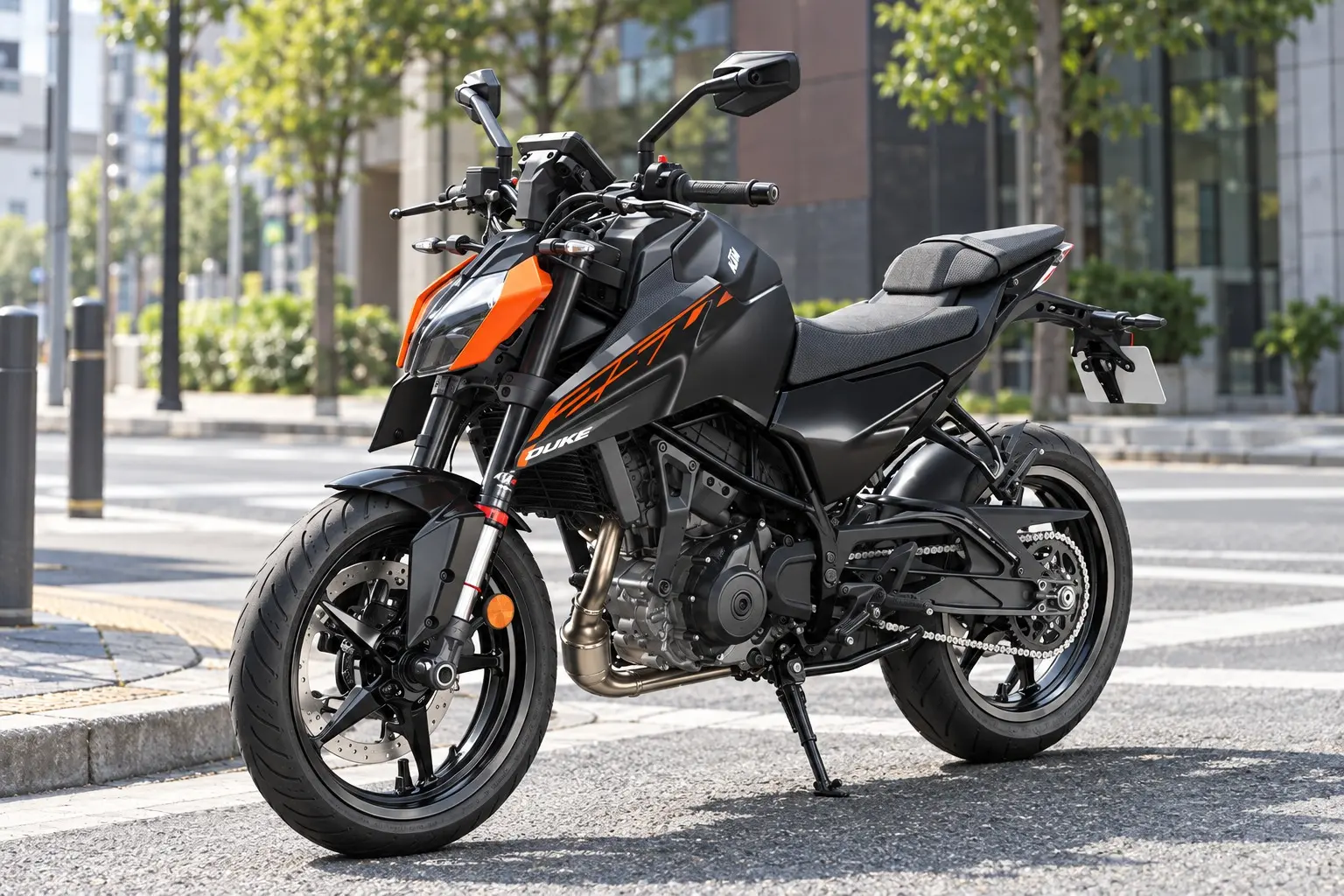 KTM 250 DUKEを斜め前から見たカット。黒い車体にオレンジの差し色、角ばったLEDヘッドライト、短いテール、むき出しの単気筒エンジン