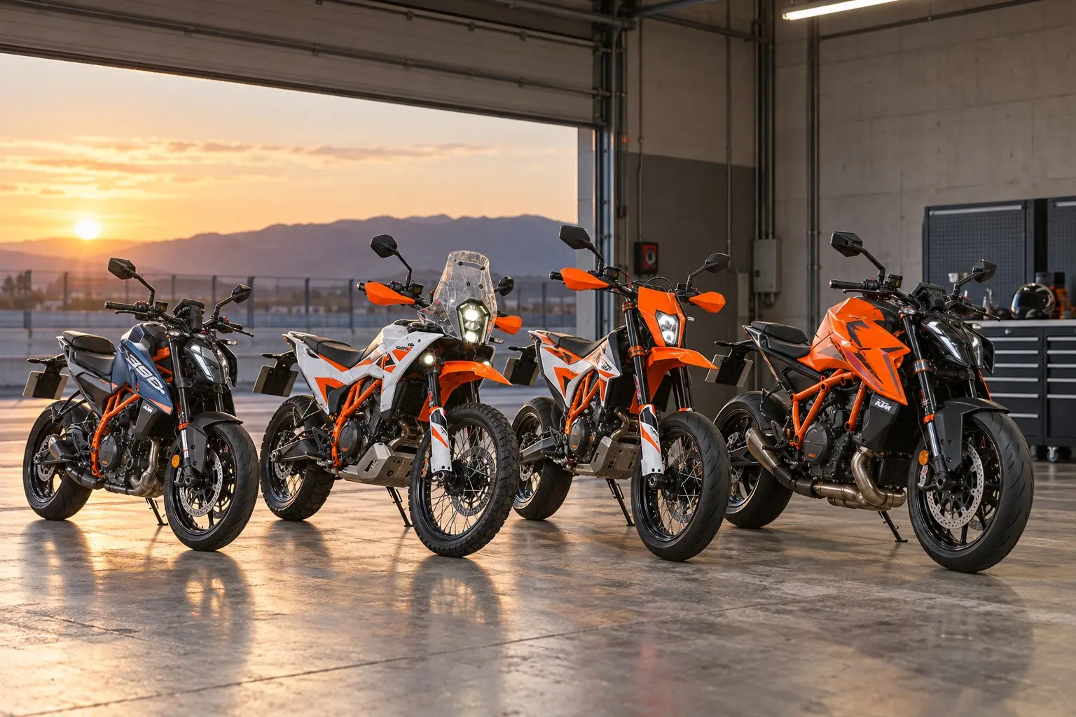 KTMのバイク4台が並んだカット。左から390 DUKE(青い車体にオレンジのフレームのネイキッド)、390 ADVENTURE R(前21インチのアドベンチャー)、690 SMC R(足の長いモタード)、1390 SUPER DUKE R EVO(オレンジの大型ネイキッド)。ガレージの中
