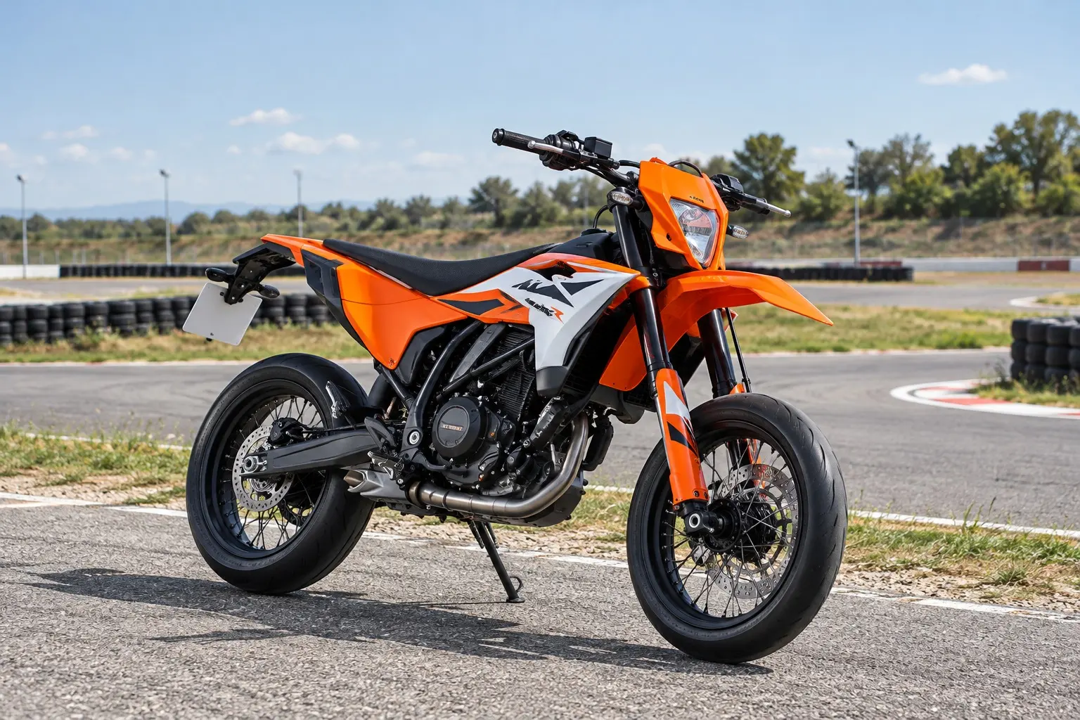 KTM 390 SMC Rを斜め前から見たカット。オレンジと黒の外装、高い前フェンダー、細長いシート、前後17インチのスポークホイール、単気筒エンジン