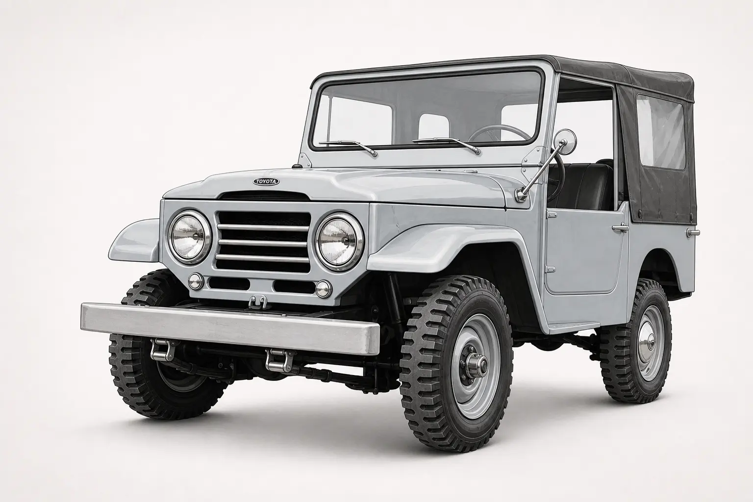 1955年のトヨタ ランドクルーザー20系のイラスト。丸型ヘッドランプ、縦格子のグリル、幌のボディ、細いタイヤ。土の路面と山、日中の自然光