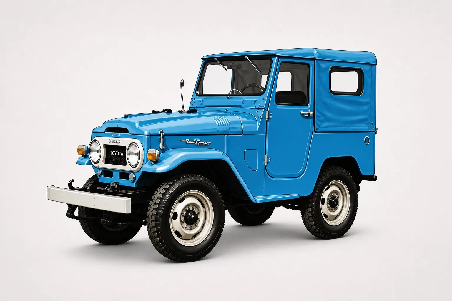 1960年代のトヨタ ランドクルーザー40系のイラスト。丸型ヘッドランプ、横基調のグリル、角ばった鉄板のボディ、幌または金属ルーフ。土の路面と山、日中の自然光