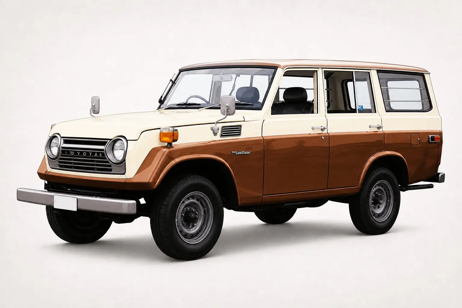 1970年代のトヨタ ランドクルーザー55系のイラスト。丸型ヘッドランプ、長いボンネット、5ドアのワゴンボディ、二段構成のリアゲート。土の路面と山、日中の自然光
