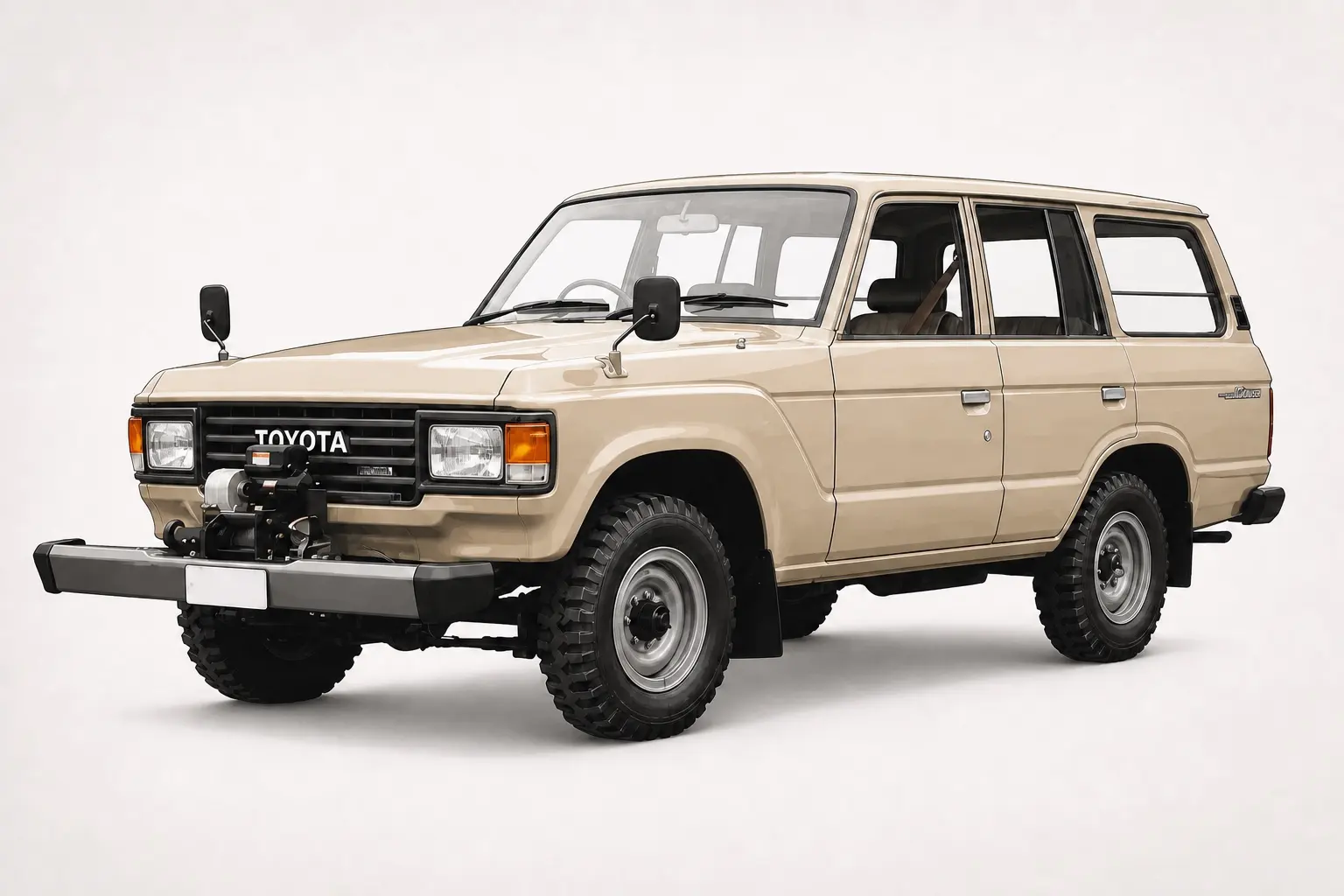 1980年代のトヨタ ランドクルーザー60系のイラスト。角型ヘッドランプ、四角いワゴンボディ、大きなサイドウインドウ。土の路面と山、日中の自然光