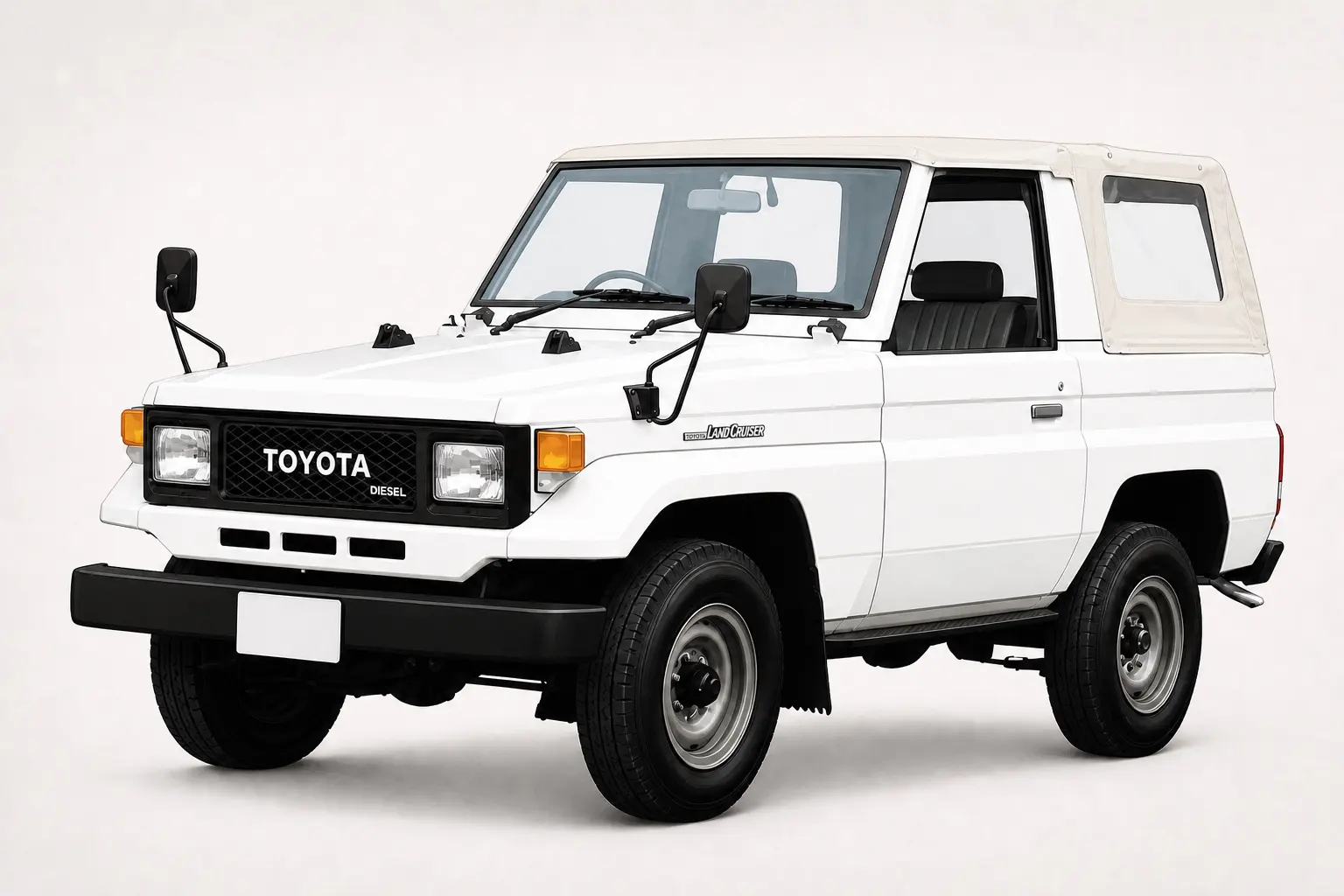 1980年代のトヨタ ランドクルーザー70系のイラスト。角型ヘッドランプ、平らなボンネット、直線的な角ばったボディ。土の路面と山、日中の自然光