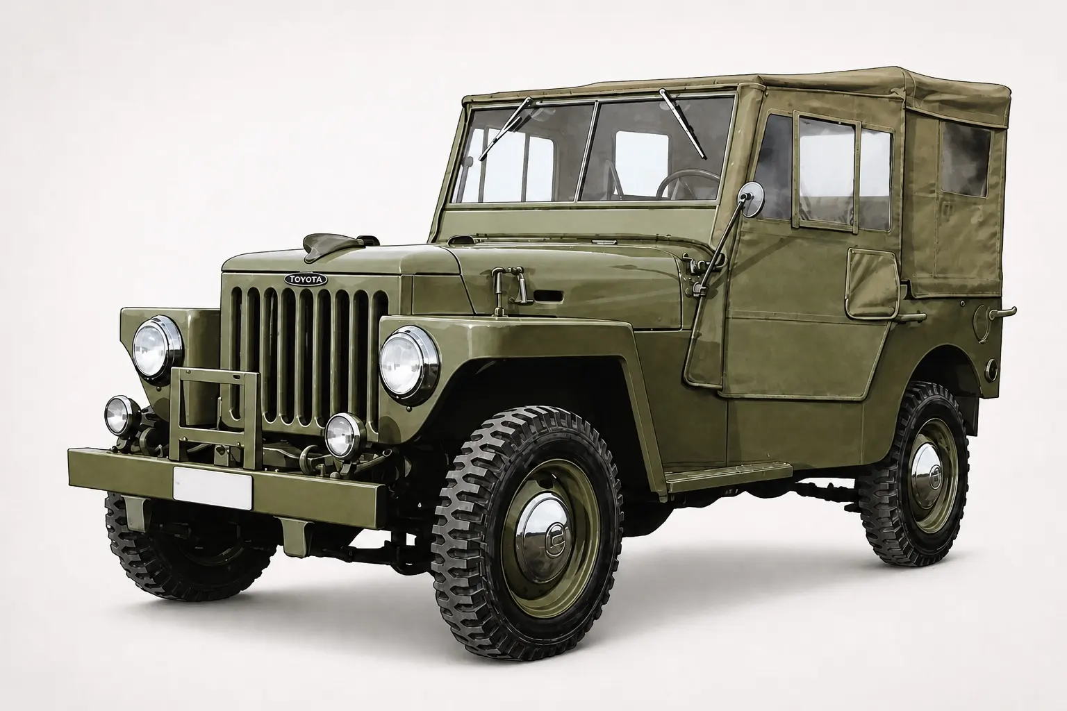 1951年のトヨタジープBJ型のイラスト。丸型ヘッドランプ、幌のオープンボディ、細いタイヤ、無骨な鉄板のフェンダー。土の路面と山、日中の自然光