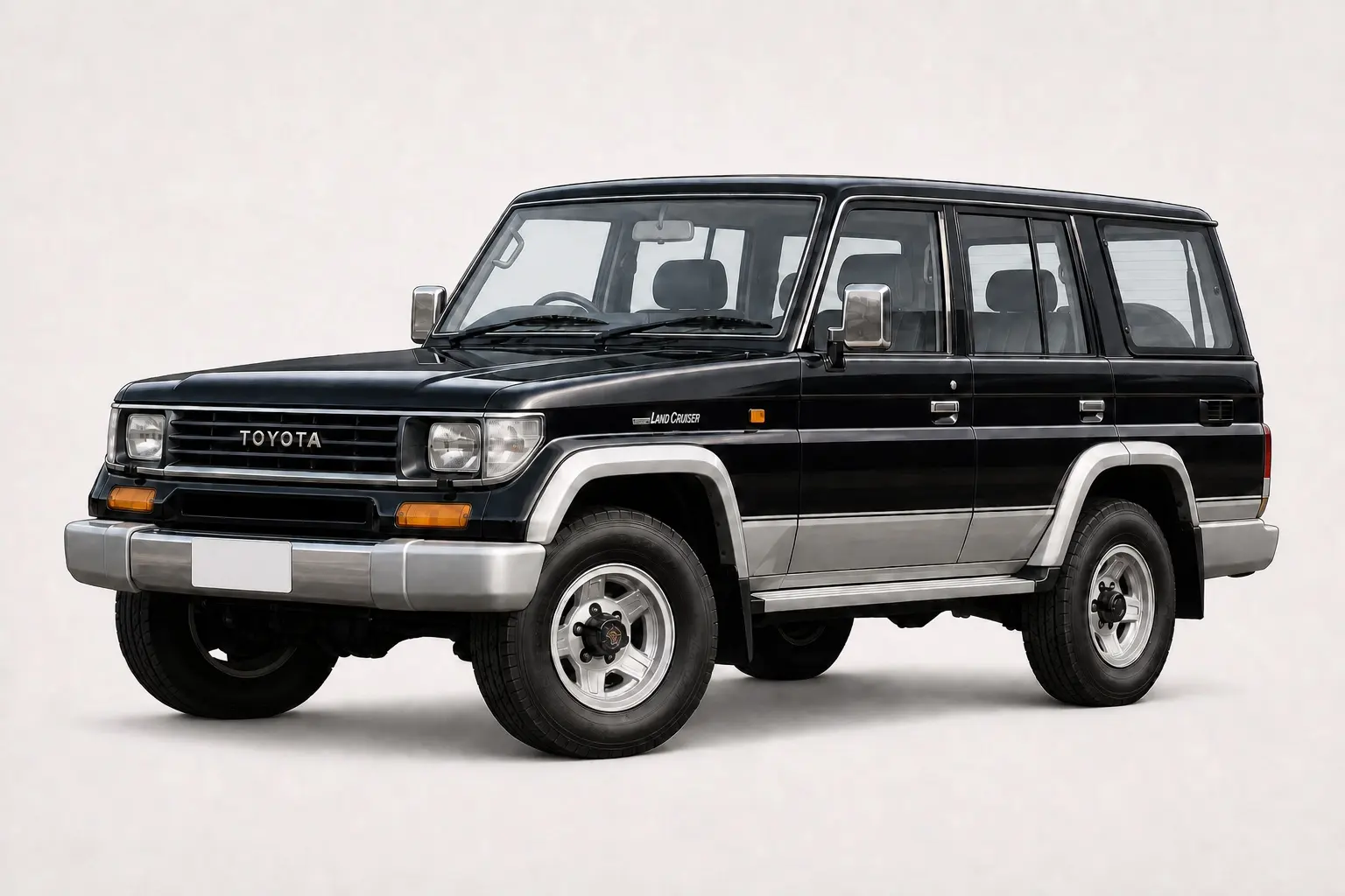 1990年代のトヨタ ランドクルーザー プラド70系のイラスト。角型ヘッドランプ、直線的だがやや丸みのあるボディ、リアに背面タイヤ。土の路面と山、日中の自然光