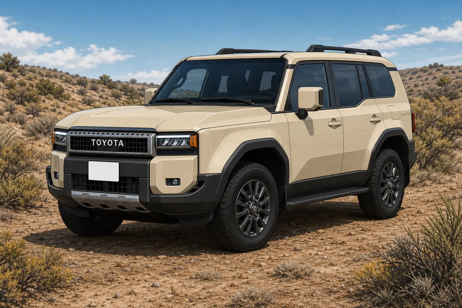 トヨタ ランドクルーザー250 VXの斜め前からの外観。ボディカラーはサンド。角ばった四角いフロントマスク。乾いた土の路面と低い植生、日中の自然光