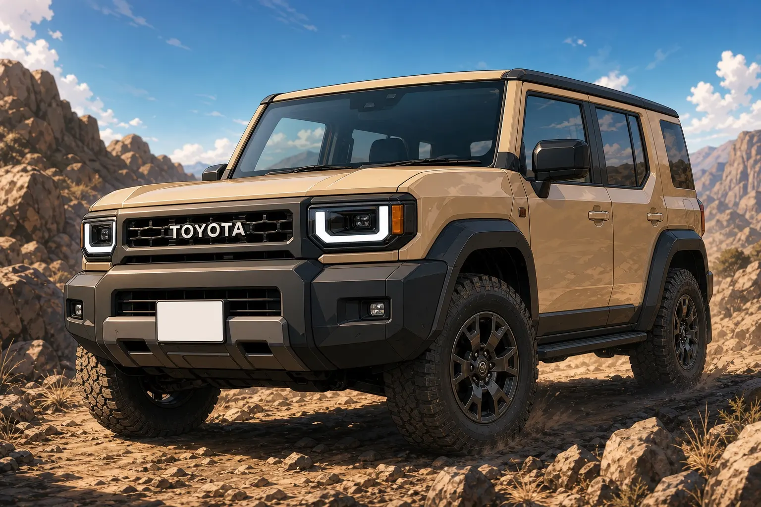岩場に停まるトヨタ ランドクルーザーFJのフロント。グリルにTOYOTAの文字、角ばったバンパーと大径のオフロードタイヤを備えたベージュのSUV
