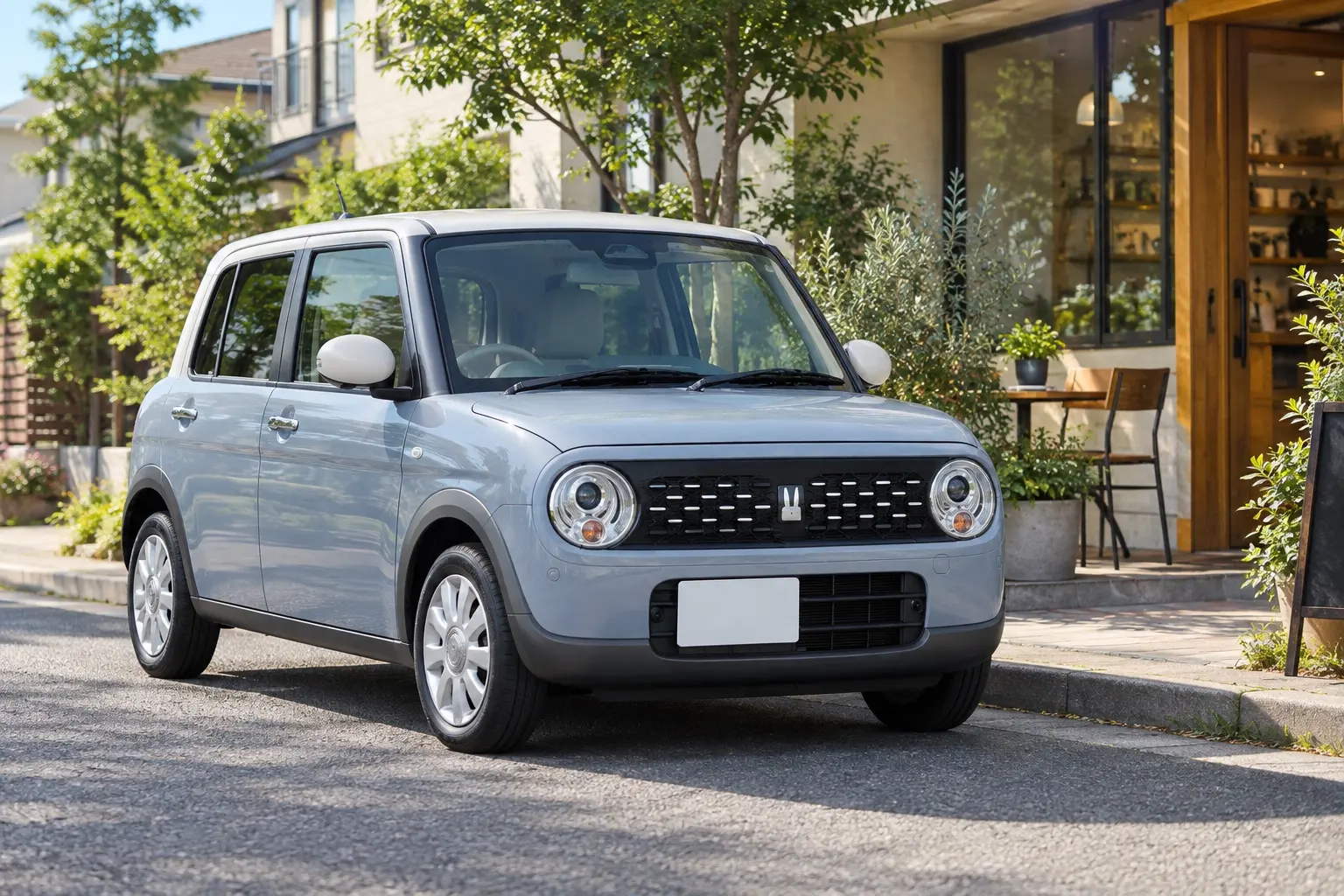 スズキ ラパン HYBRID Xの斜め前からの外観。箱型のボディ、丸いLEDヘッドライト、ドット柄のグリル。ボディカラーはフォギーブルーパールメタリック+ソフトベージュルーフの2トーン。住宅街のカフェの前に停まっている