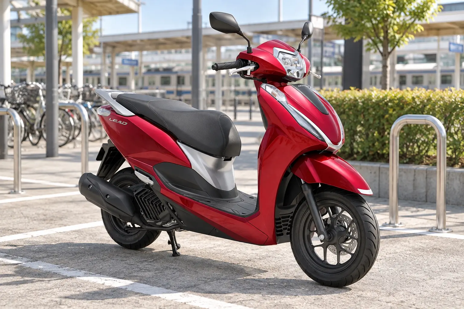 ホンダ リード125を斜め前から見たカット。赤い車体、四角い大きな前の覆い、LEDのヘッドライト、平らな足もと
