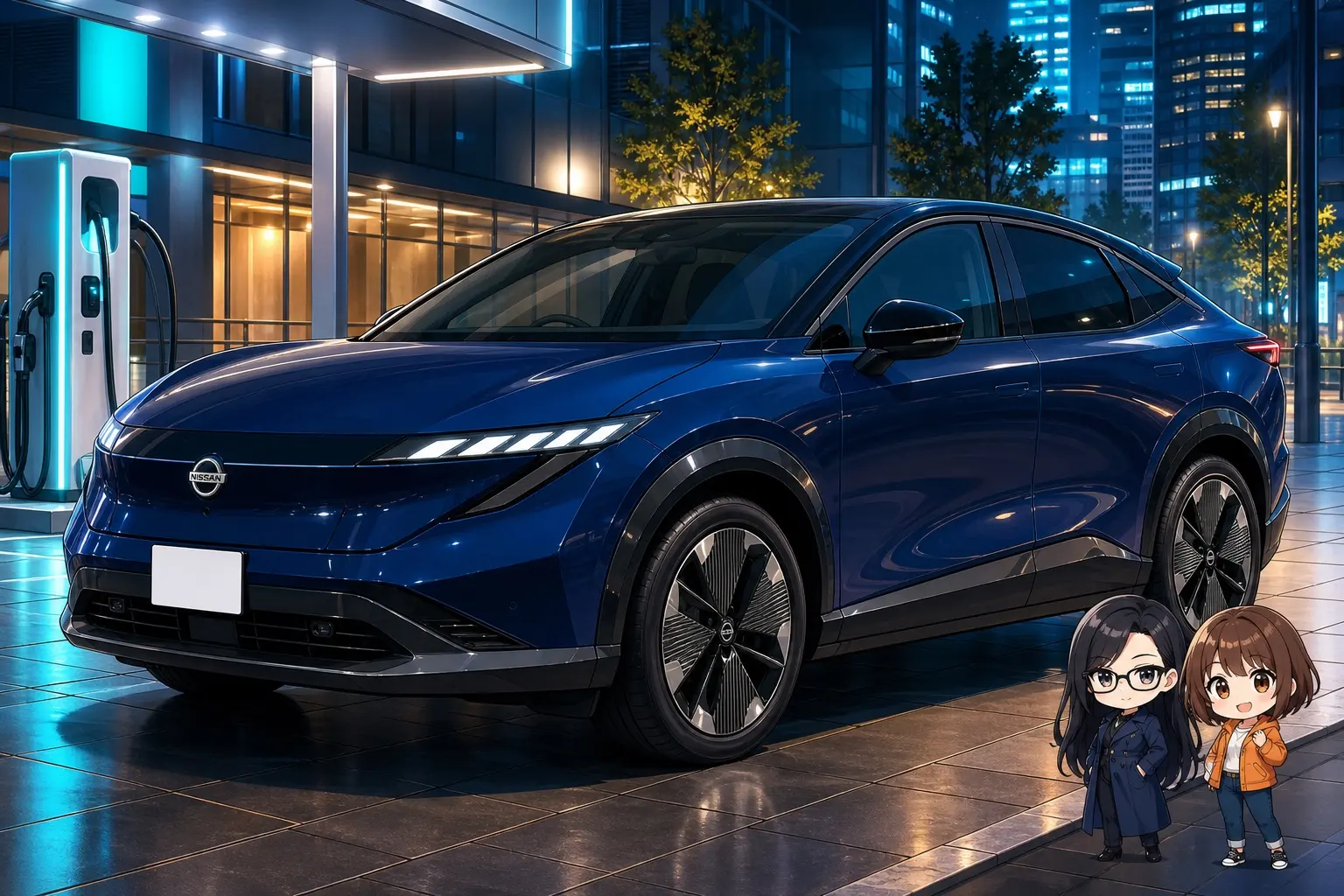 夜の充電スポットに停まる3代目日産リーフのフロント。クロスオーバー風の車体と横一文字のライトを備えたブルーのEV