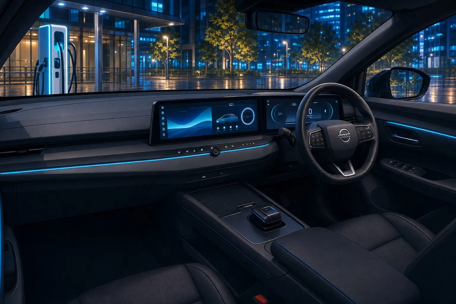 メーターとセンターディスプレイが横に並ぶEVらしい運転席
