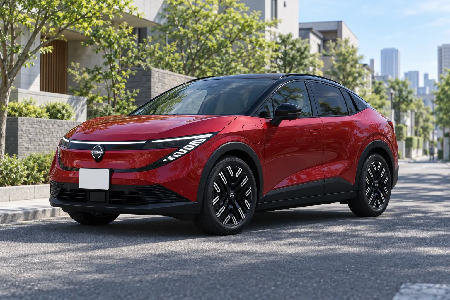 日産 リーフ(3代目)の斜め前からの外観。ディープクリムゾンのボディに黒い屋根の2トーン、横一文字のシグネチャーランプ、なめらかなクロスオーバーの形、18インチホイールが分かるカット。都市の住宅街の道路、日中の自然光