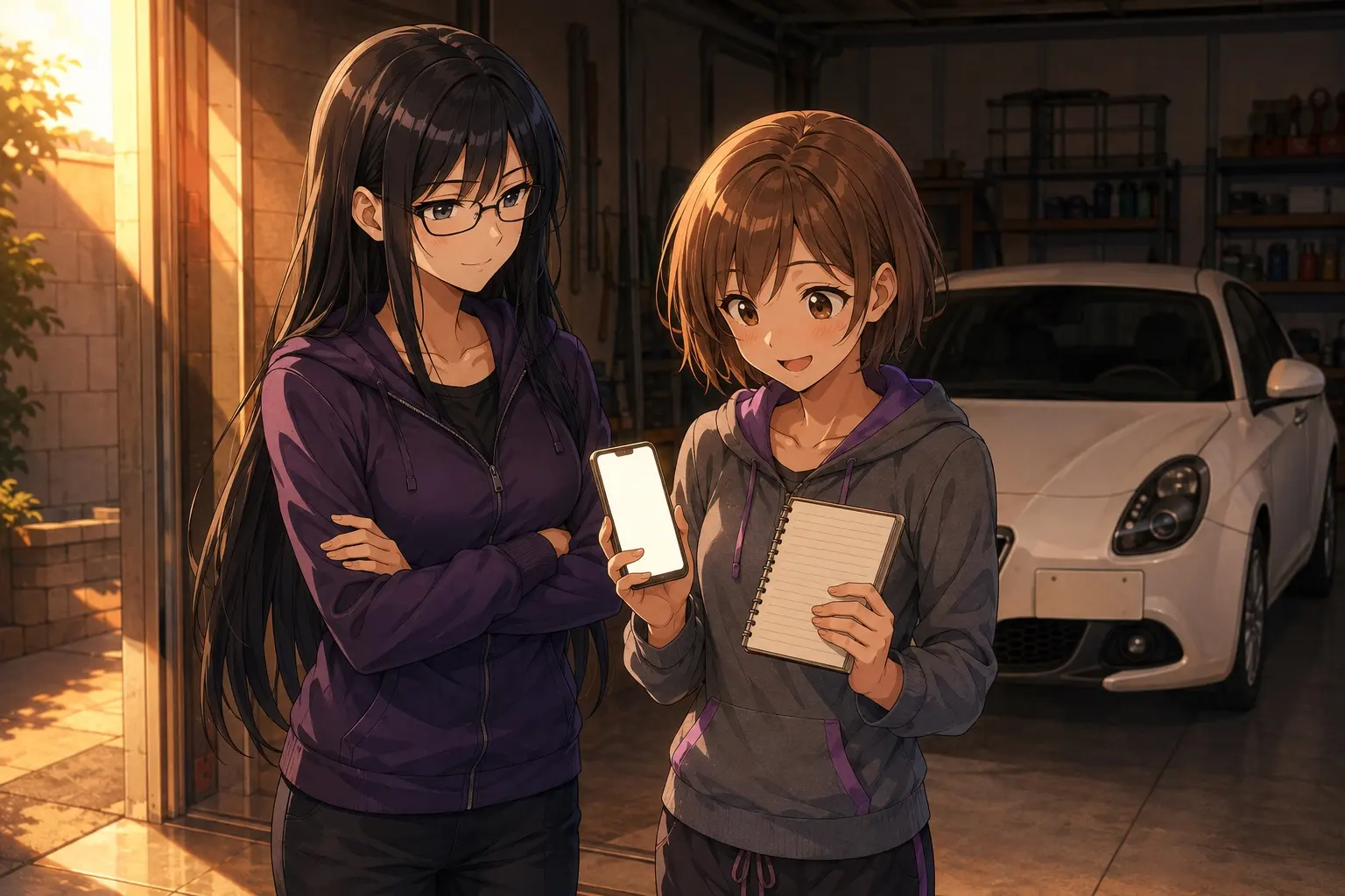 ガレージの前。夕方の光の中で、スマホを見ながらメモと見比べているモモと、腕を組んで横に立つレイ