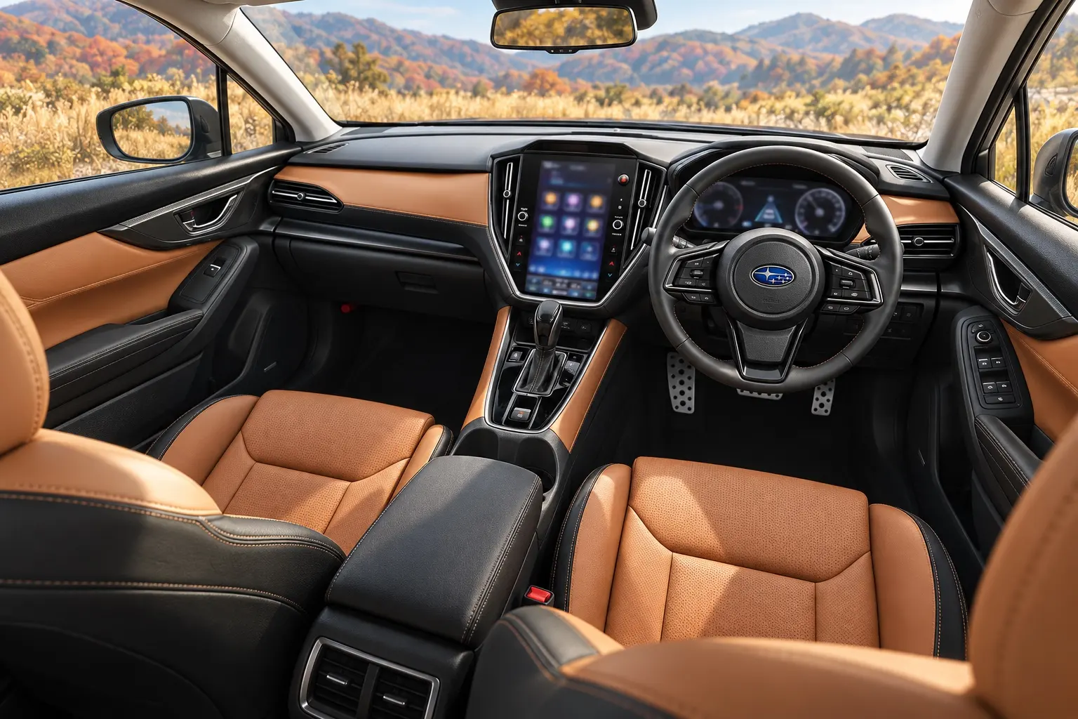 スバル レヴォーグ レイバック Premium S:HEV EXの運転席まわり。タンとブラックの2色のナッパレザーシート、12.3インチの液晶メーター、11.6インチの縦長ディスプレイ、丸型のステアリングが分かるカット