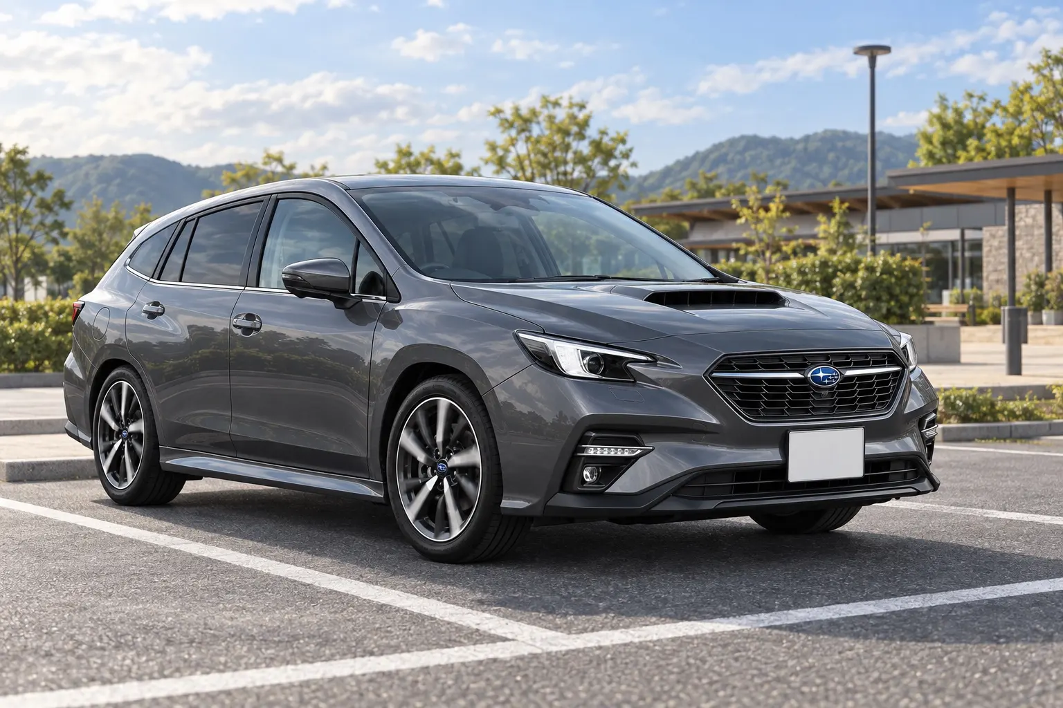スバル レヴォーグ GT-H EXの斜め前からの外観。濃いグレーのボディ、低く長いワゴンのシルエット、ボンネットのエアインテークと18インチアルミホイールが分かるカット。サービスエリアの駐車場、午後の自然光