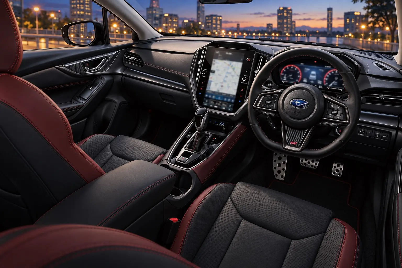 スバル レヴォーグ STI Sport EXの運転席まわり。ブラックとボルドーの本革シート、赤いリングの12.3インチフル液晶メーター、センターの11.6インチ縦長ディスプレイ、STIロゴ入りのステアリングが分かるカット