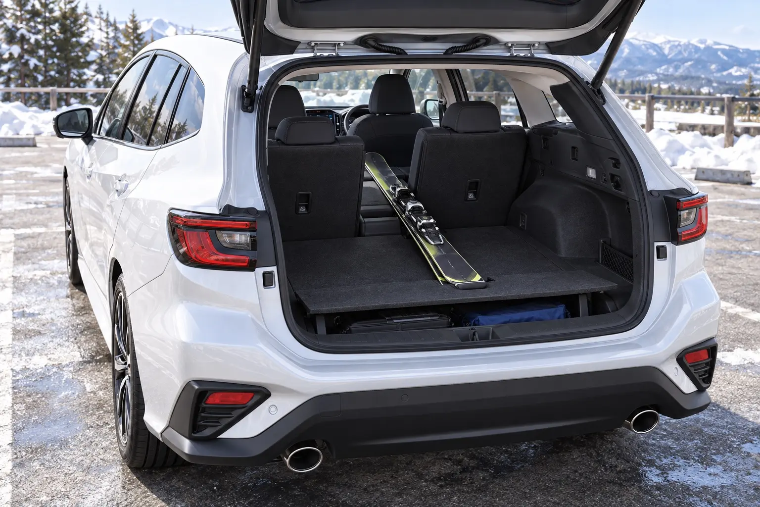 スバル レヴォーグの荷室。リヤゲートを開け、後席の中央だけを倒して長いスキー板を積んだ状態のカット。床下のサブトランクの蓋が少し開いている。明るい屋外