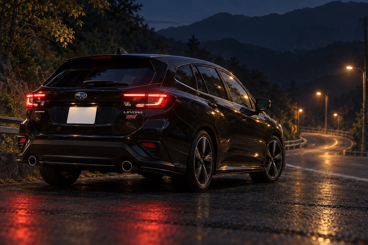 スバル レヴォーグ STI Sport EXの斜め後ろからの外観。黒いボディ、横長のリヤコンビランプ、2本出しの大型マフラーカッター、STIエンブレムが分かるカット。夜の山あいのワインディング、街灯の光