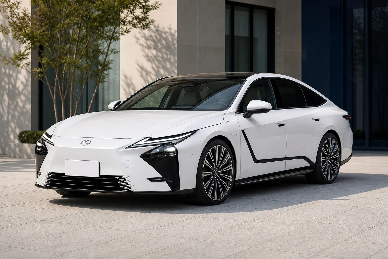 新型レクサスESを白系の車体色で斜め前から捉えた外観カット。低いノーズからボディへ連続するフロント造形と、なだらかなルーフラインが分かる