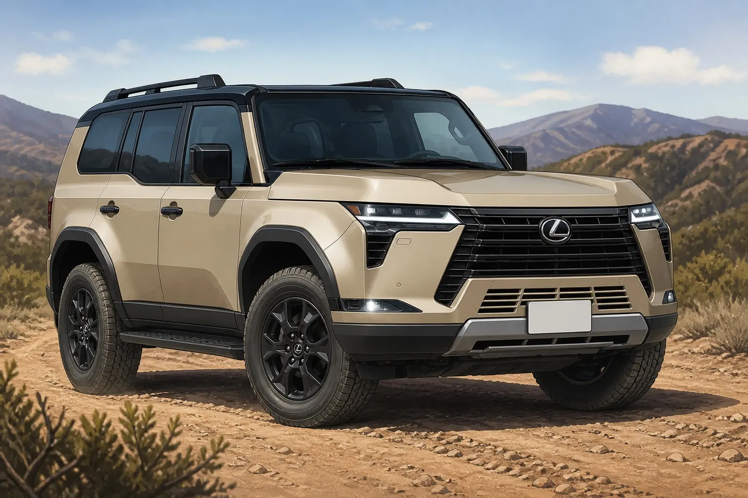 レクサスGX550 OVERTRAIL+の斜め前からの外観。ボディカラーはテレーンカーキマイカメタリック&ブラックルーフ。角ばった直線的な車体と縦基調のグリル。乾いた土の路面と低い植生、日中の自然光