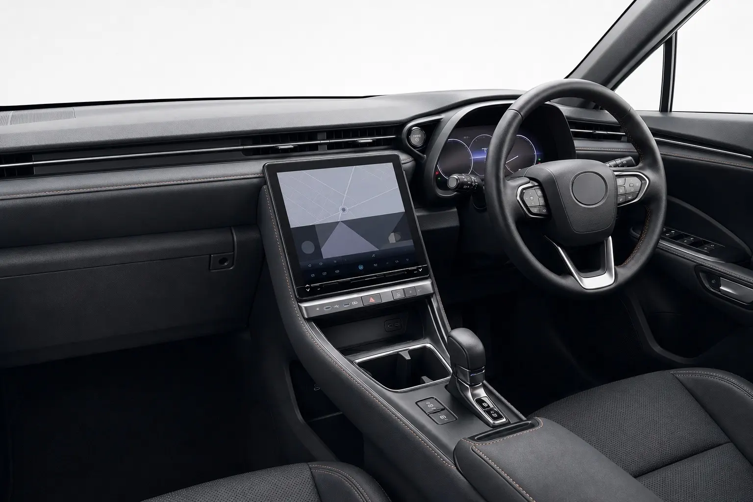 レクサスLBXの運転席まわりの内装カット。ドライバー側へ向けたセンターディスプレイ、シンプルなインパネ、シートの造形が分かる