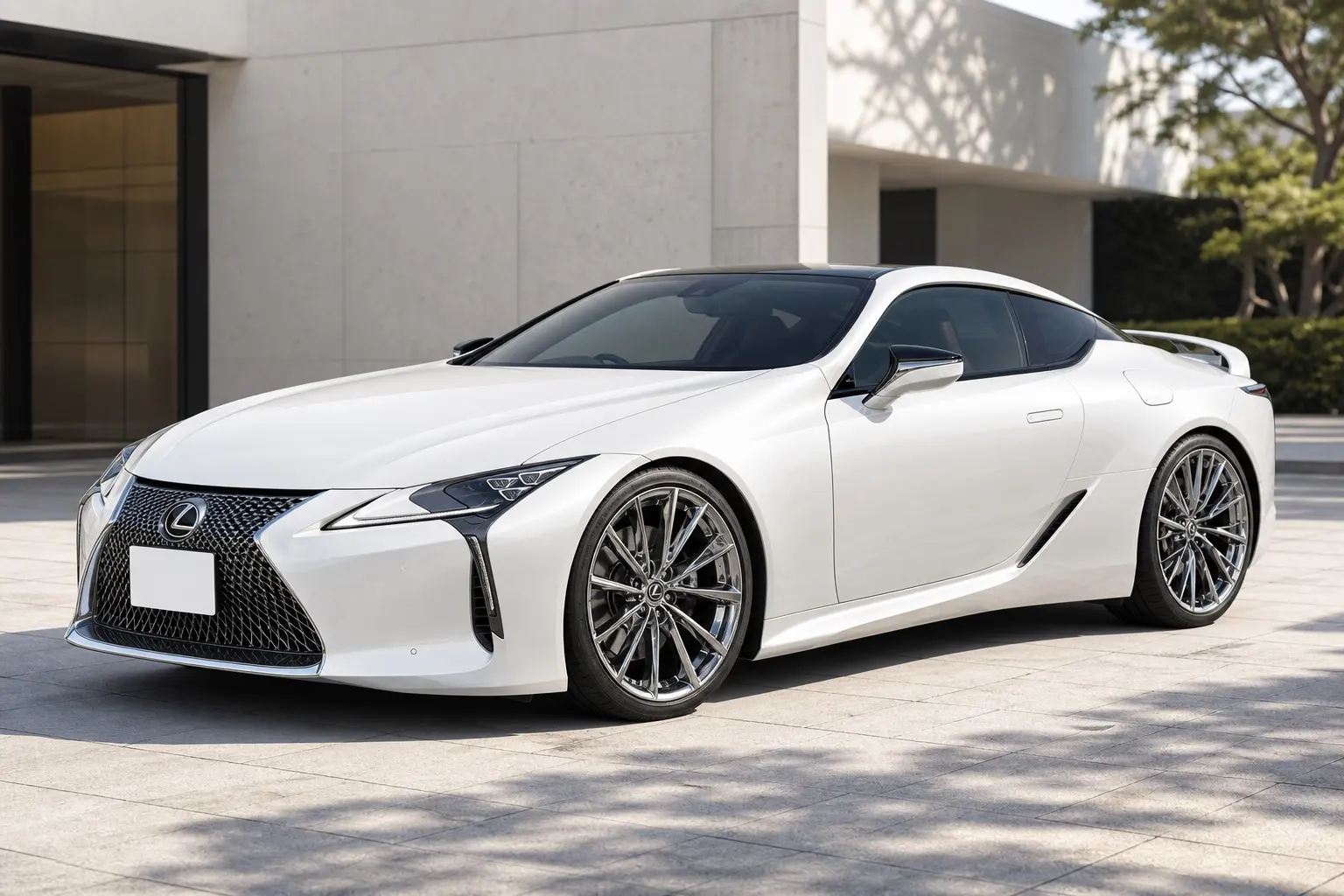 レクサスLC500クーペをホワイトの車体色で斜め前から捉えた外観カット