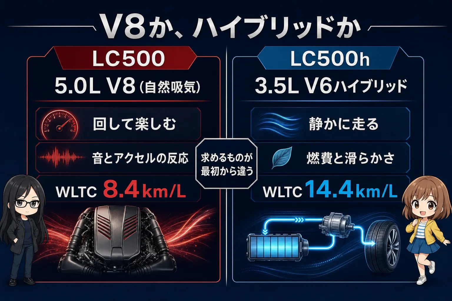 LC500（5.0L V8・音とレスポンス重視）とLC500h（V6ハイブリッド・燃費と静粛性重視）の選び分けを整理した日本語の図解。両レイとモモのイラスト付き
