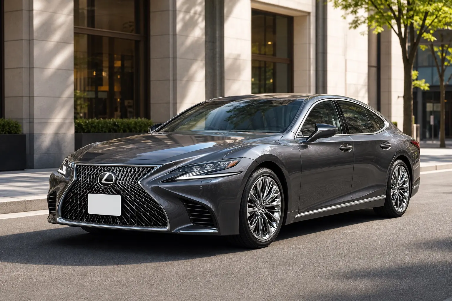 レクサスLS500をダークグレーの車体色で斜め前から捉えた外観カット。スピンドルグリルと薄型ヘッドランプが分かる