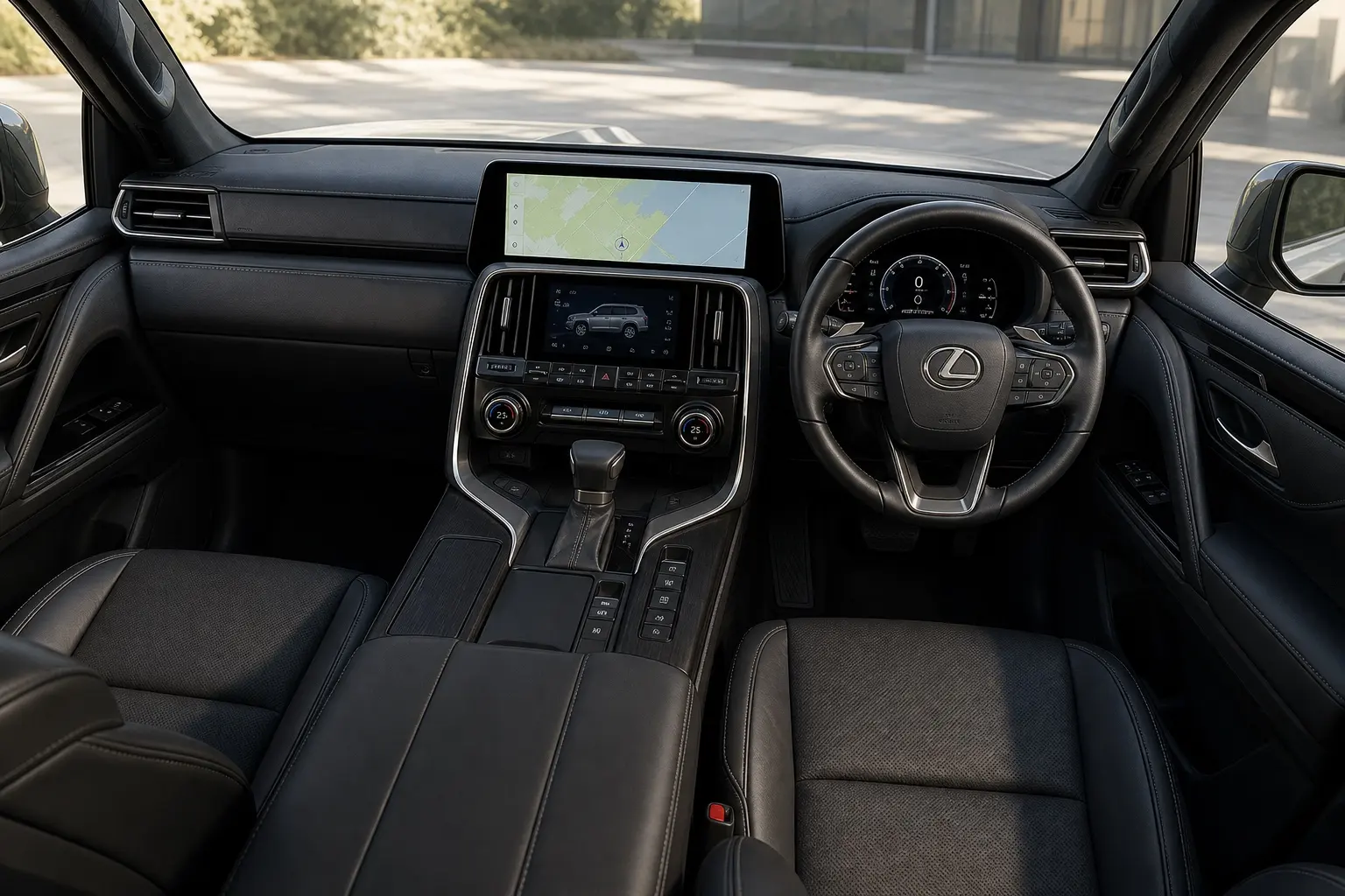 レクサスLXの運転席まわりの内装。上下2段のディスプレイ、水平基調のインパネ、本革のシート。落ち着いた照明の屋内、日中の自然光