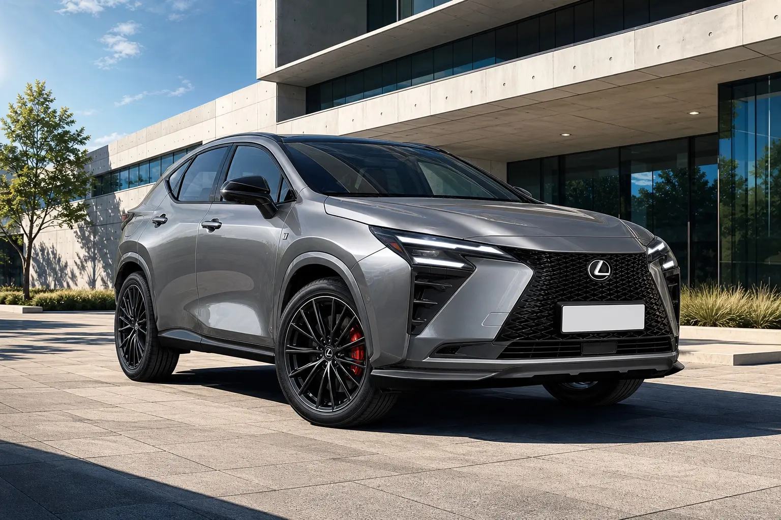 新型レクサスNXのフロントまわり。網目状のメッシュグリルと、ターンシグナルとデイライトを統合した細い二本線のヘッドランプ