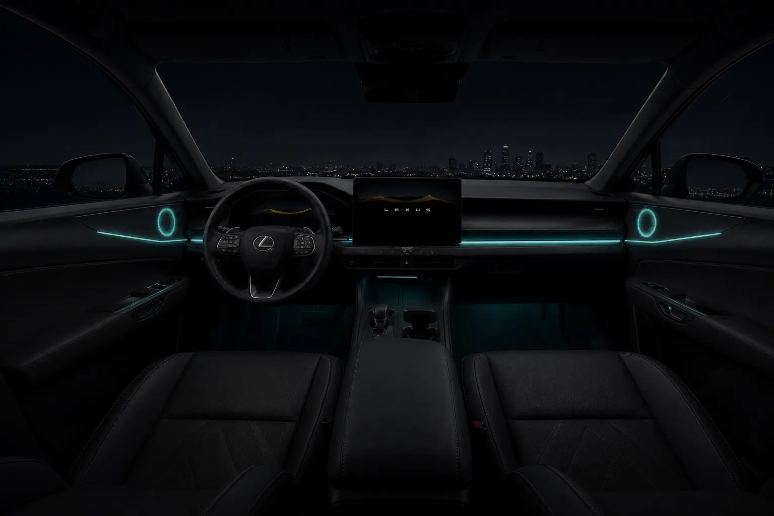 新型レクサスNXの夜の車内。ドアトリムとインストルメントパネルに沿って細い光の線が横に走り、スピーカーの外周が丸く光っている