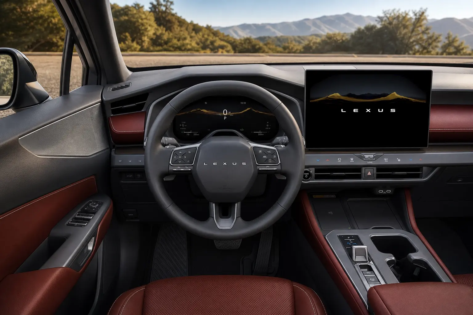 新型レクサスNXの運転席まわり。メーターとセンターディスプレイが水平に並び、その下に空調の物理スイッチが横一列に配置されている