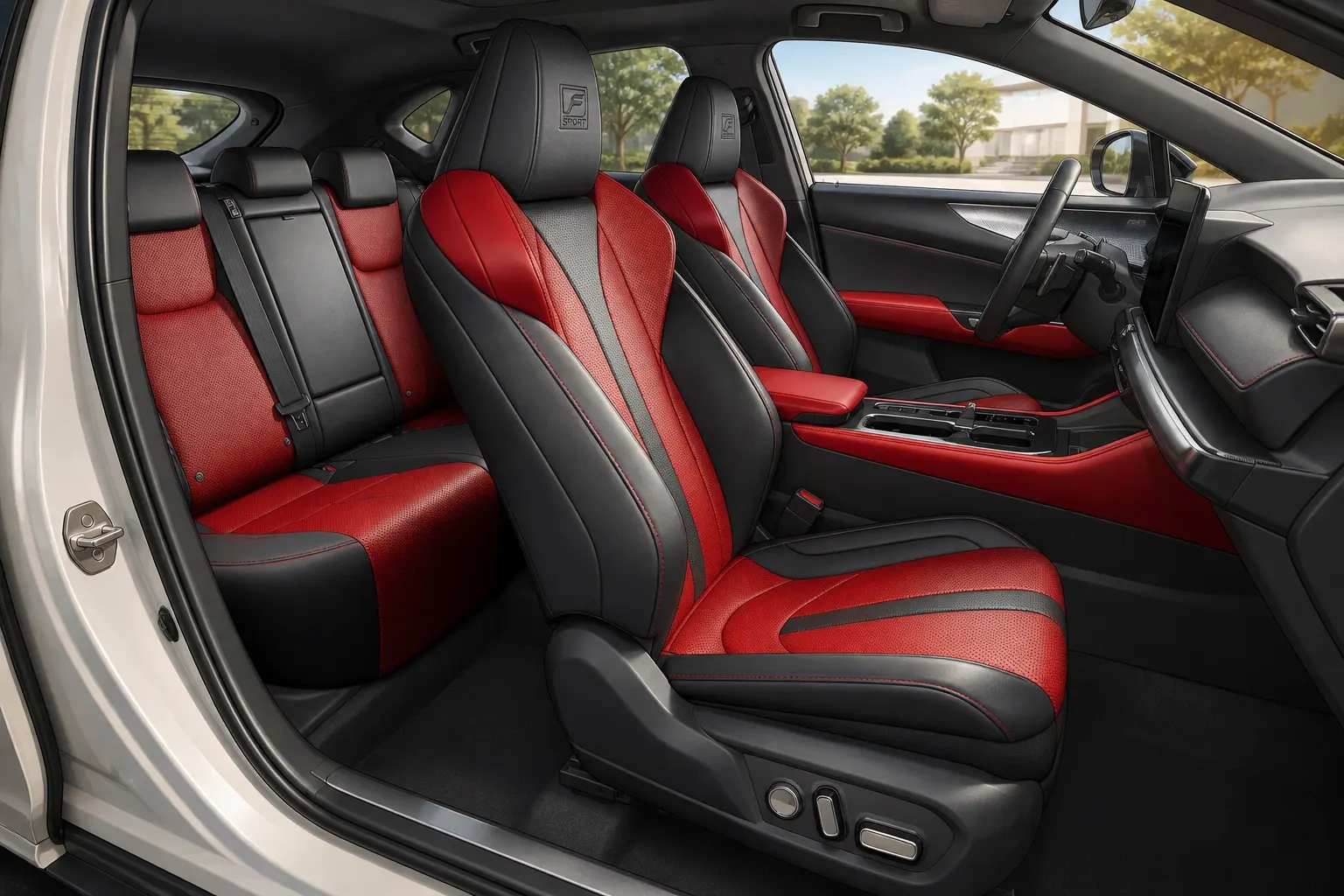 新型レクサスNXの車内。前席と後席のシートが鮮やかな赤と黒のツートーンで、ドアトリムとセンターコンソールにも赤が入る