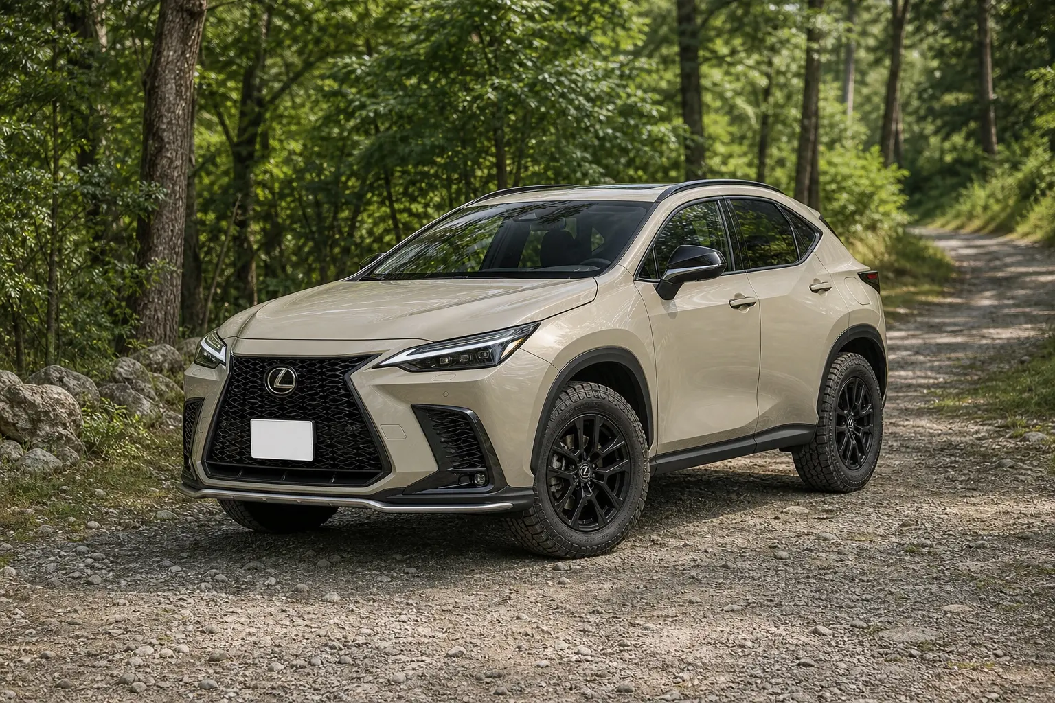 レクサスNX OVERTRAILをベージュ系のムーンデザートの車体色で斜め前から捉えた外観カット。マットブラックのグリルとホイール、オールテレインタイヤが分かる