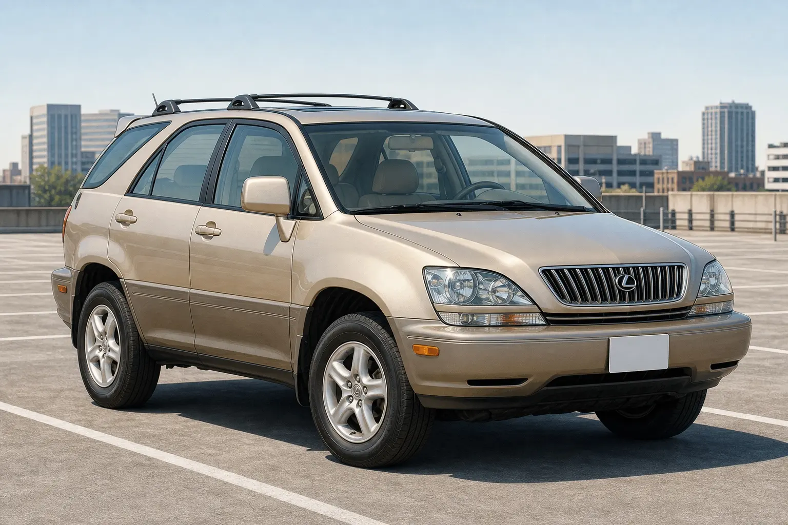 初代レクサスRX300(XU10型)の斜め前からの実車イラスト。全長4,580mmの小ぶりなクロスオーバーSUV、縦桟のクロームグリルにレクサスのエンブレム、丸みのある1990年代終わりのボディ、ボディカラーはシャンパンゴールド。晴れた日の街なかの駐車場