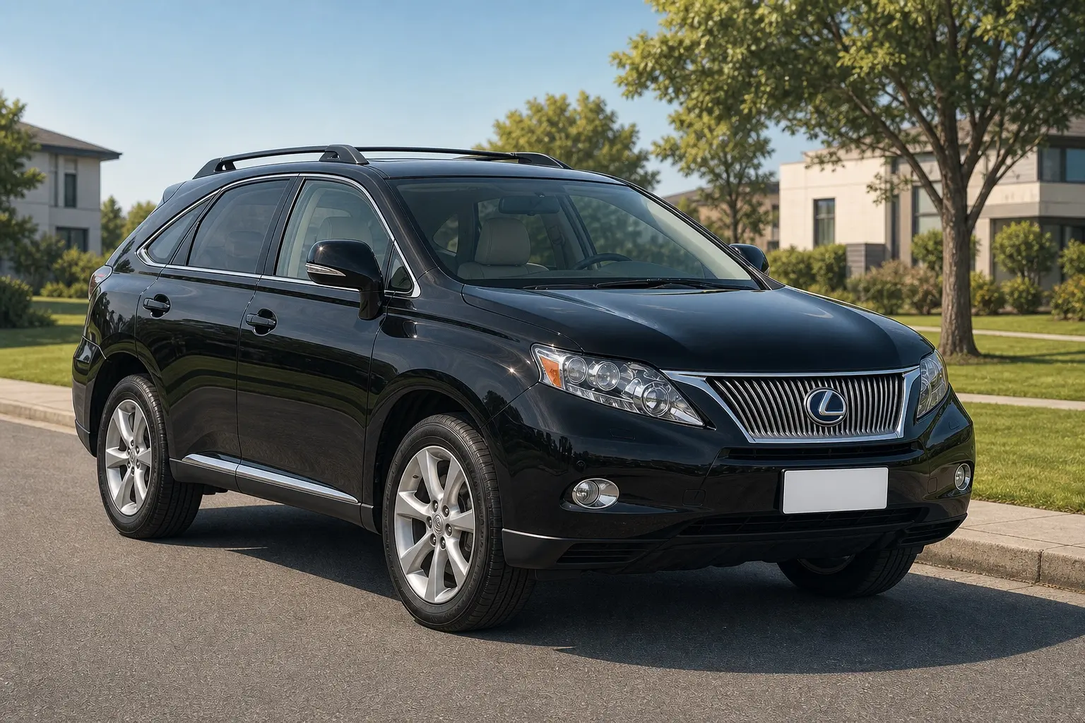 2009年式レクサスRX450hの斜め前からの実車イラスト。全長4,770mmの落ち着いたクロスオーバーSUV、横基調のフロントグリル、ボディカラーはダークグレー。晴れた日の郊外の道路脇