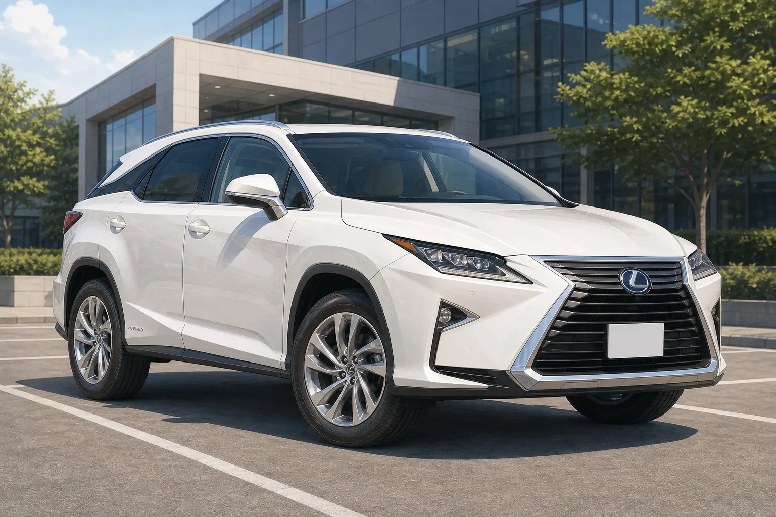 2015年式レクサスRX450hの斜め前からの実車イラスト。大型のスピンドルグリル、L字のヘッドランプ、全長4,890mmの堂々としたボディ、ボディカラーはホワイトパール。晴れた日のビル前の駐車スペース