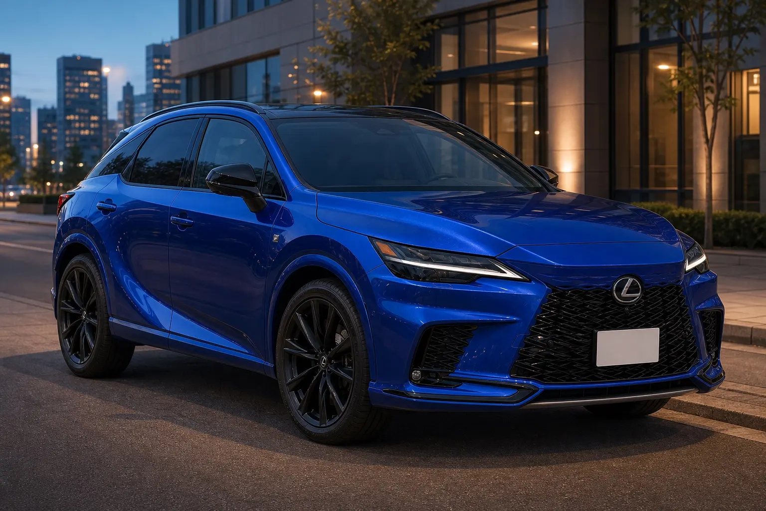 2022年式レクサスRX500h F SPORT Performanceの斜め前からの実車イラスト。枠の無いスピンドル形状のフロント、一文字のリヤランプ、全長4,890mm・全幅1,920mmのワイドなボディ、ボディカラーは濃い青。夕方の街なかの道路脇